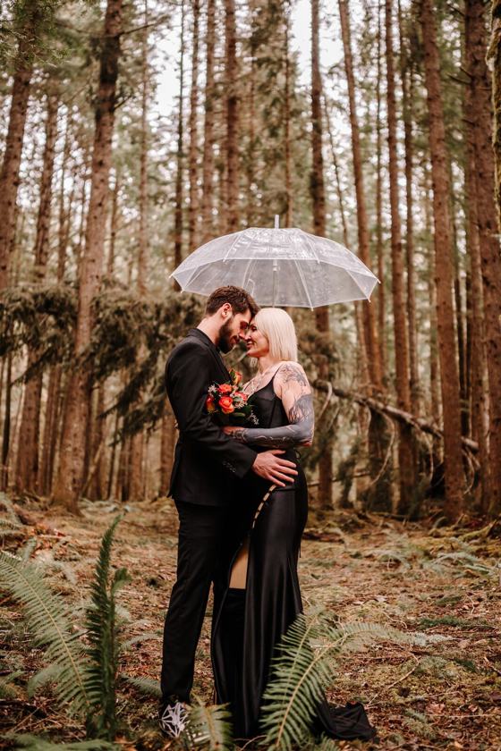 Couple sheltering under one umbrella in the rain