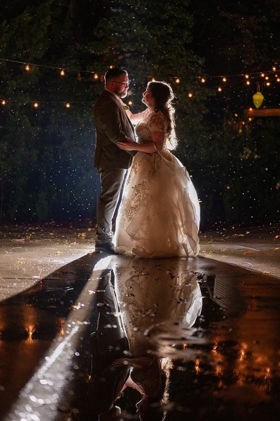 Couple reflected in wet pavement at night